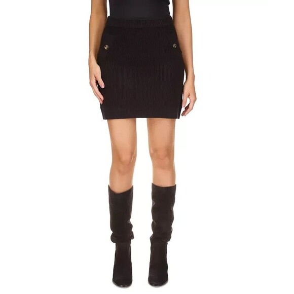 Michael Kors Women's Knit Pull On Mini Skirt Front Welt Logo Buttons Black XXL - Picture 1 of 10